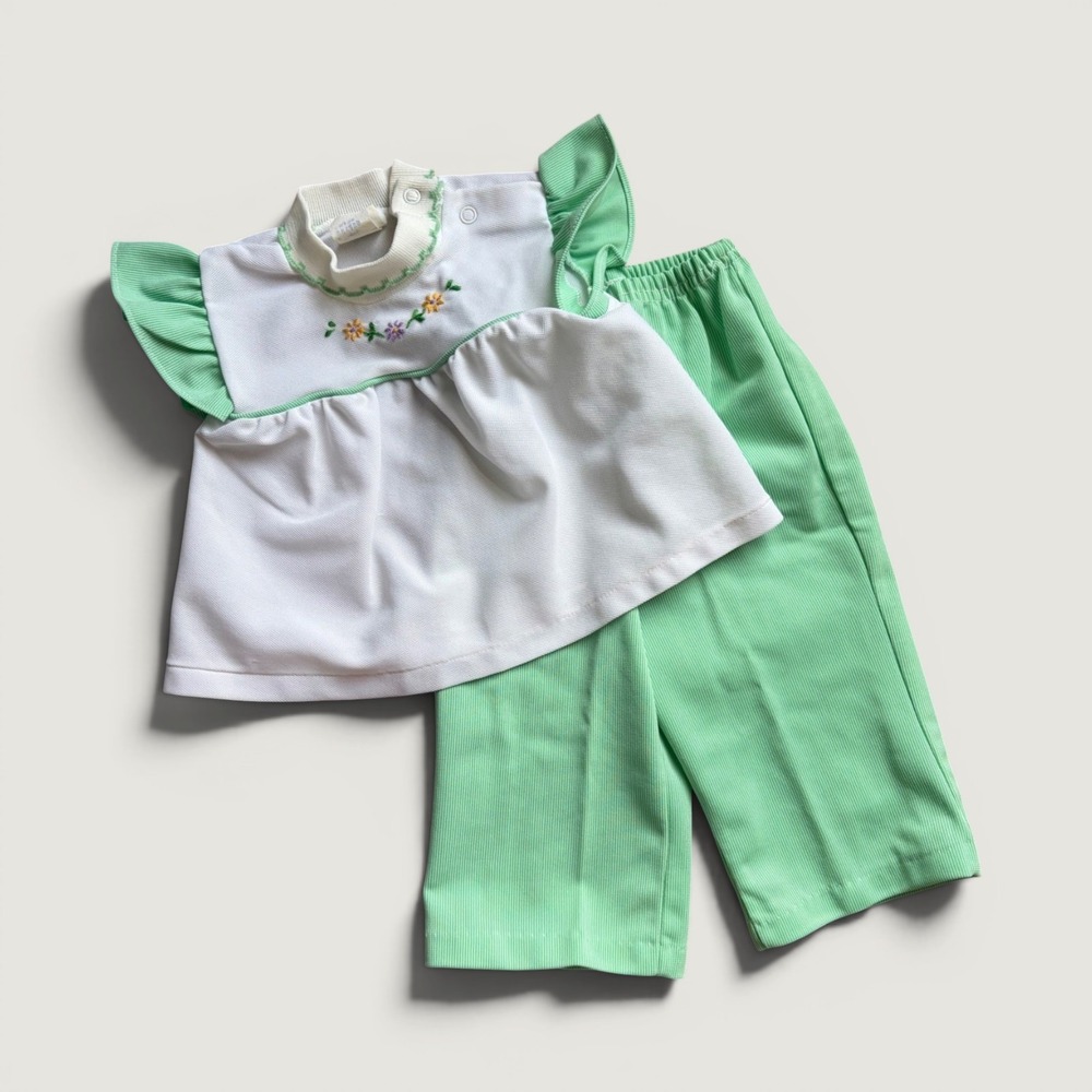 VTG 70s JCPenney‎ Toddle Time Baby Set Embroidered Flowers Green White 6-9M